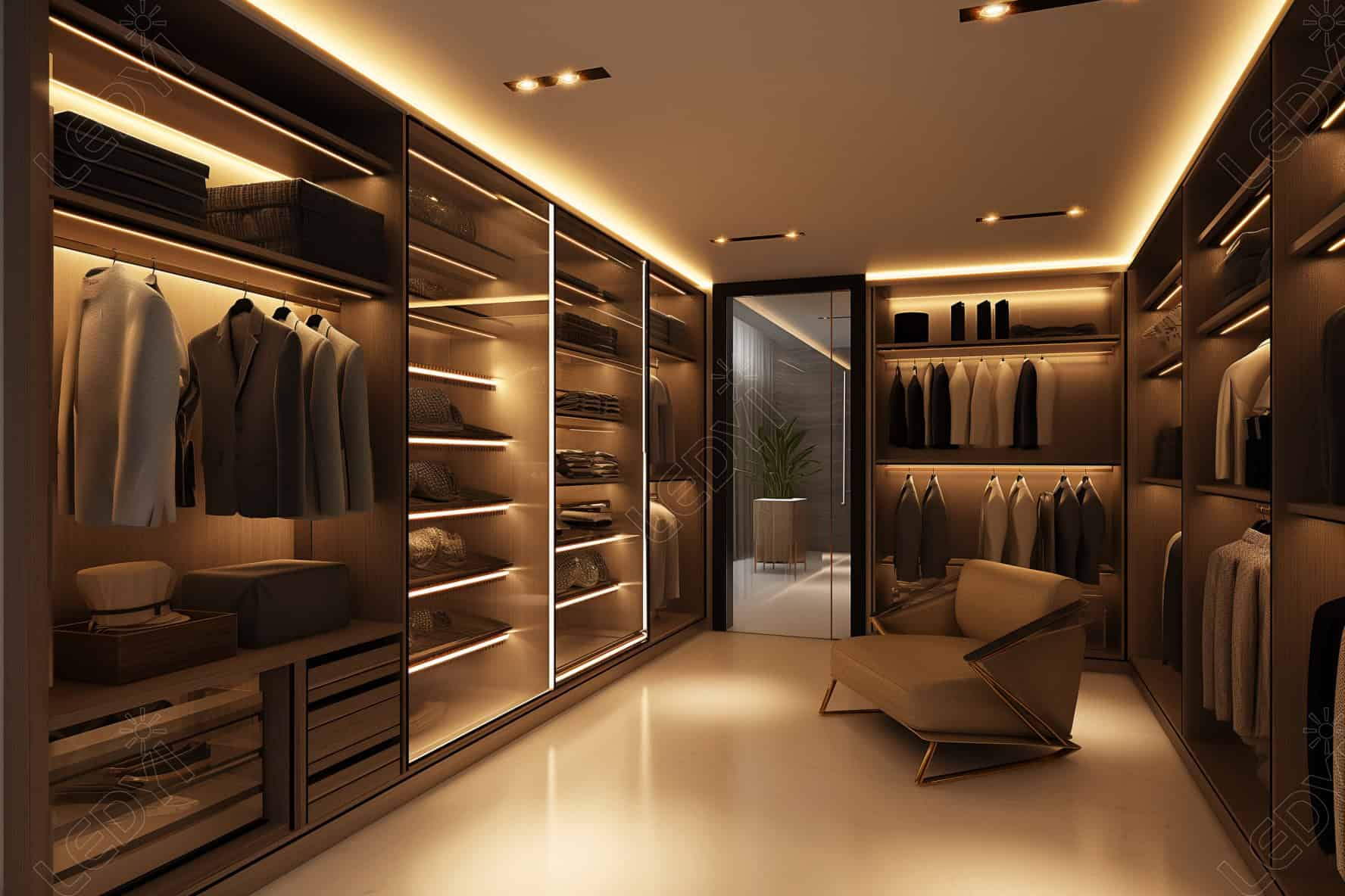 Luxury walk-in closet with modern lighting and seating.