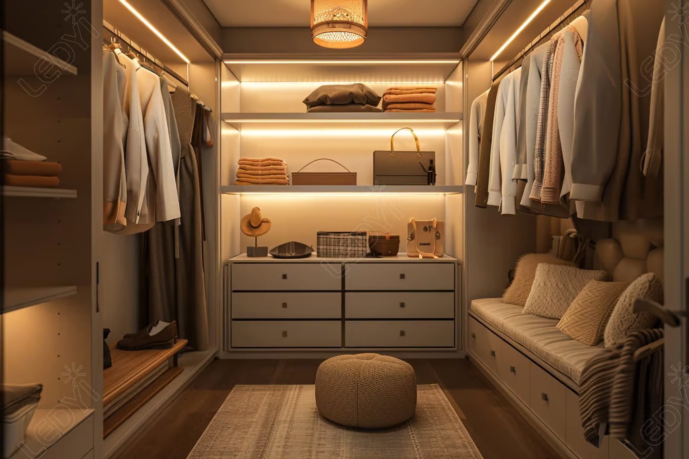 Luxury walk-in closet with organized shelves and warm lighting.