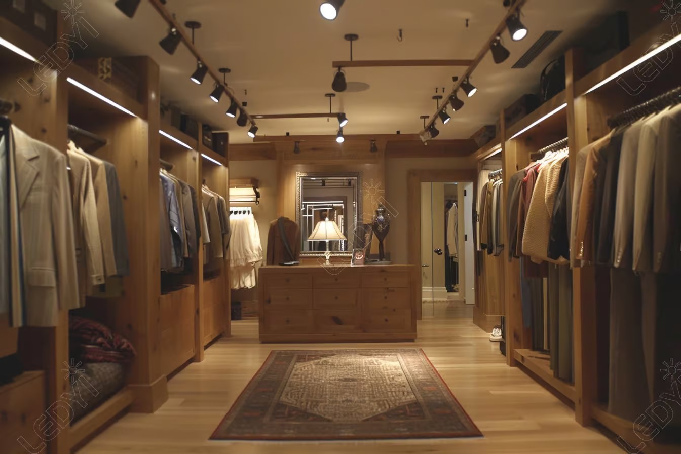 Luxurious walk-in closet with wooden shelves and suits.