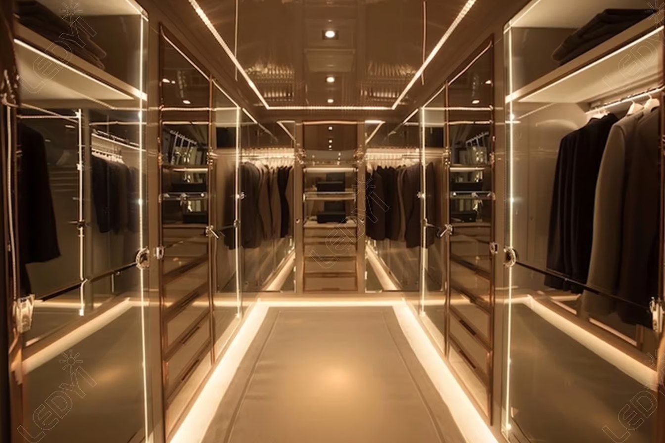 Luxurious walk-in closet with modern lighting and storage.