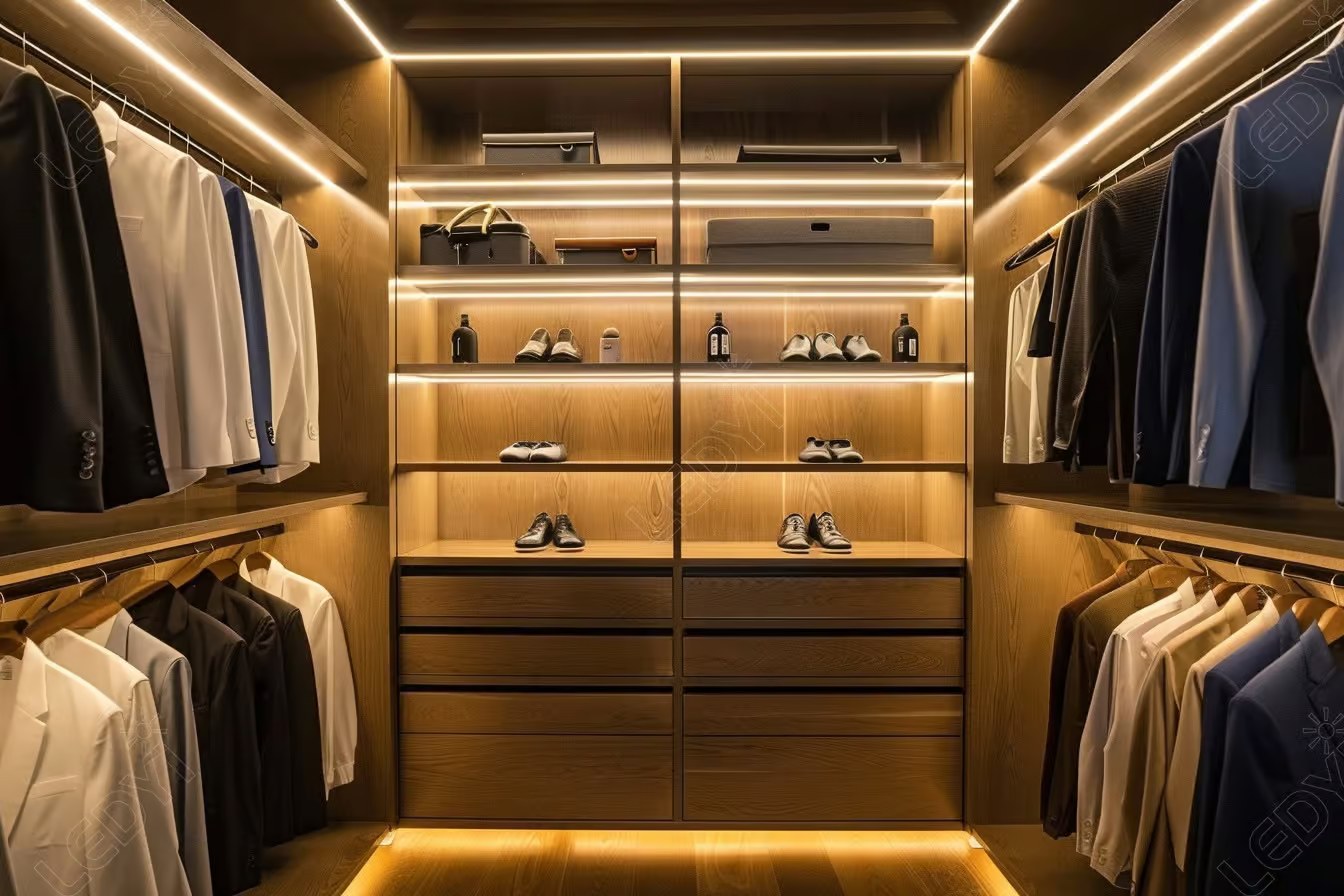 Modern walk-in closet with suits and shoes neatly organized.