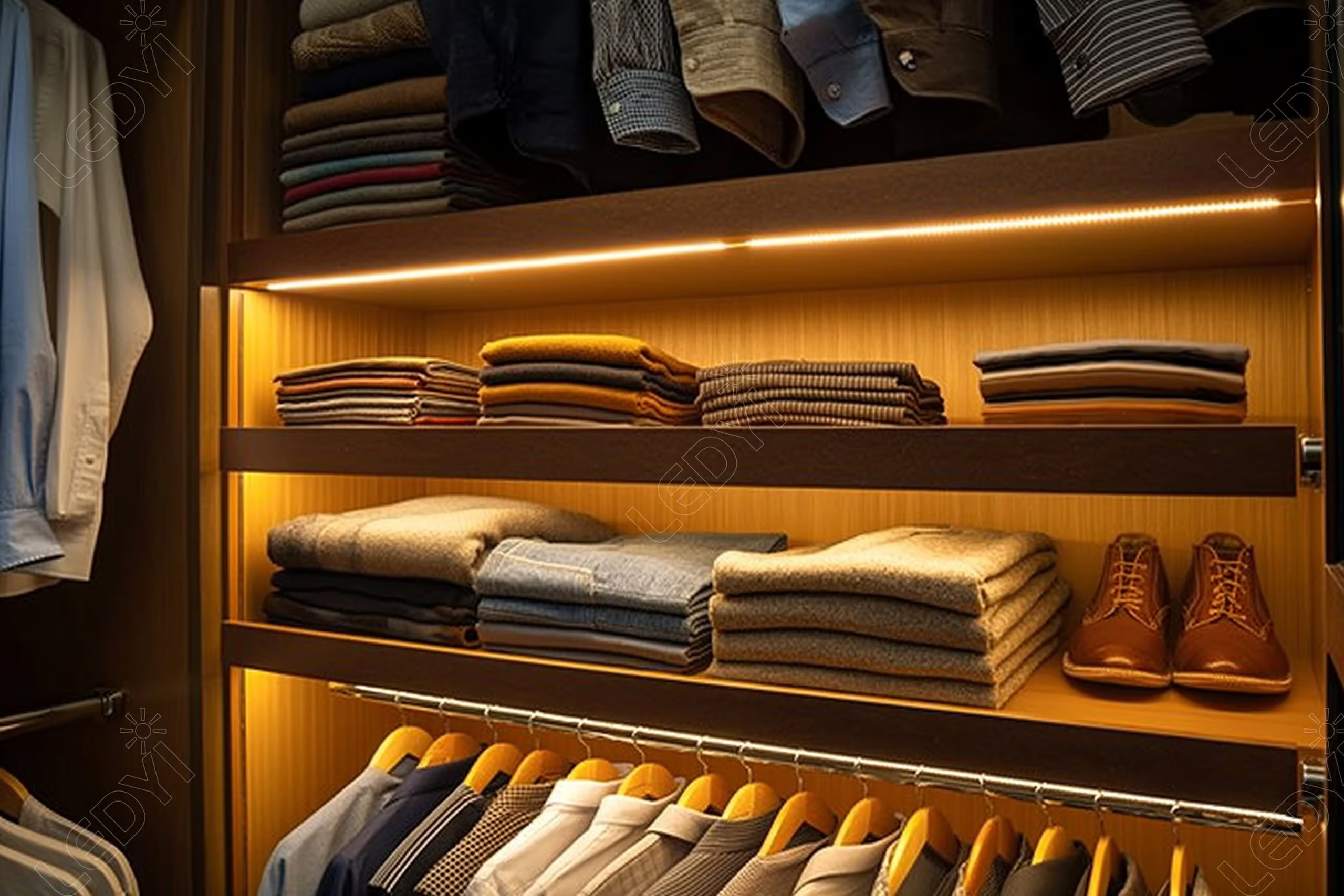 Organized closet with folded clothes and shoes.