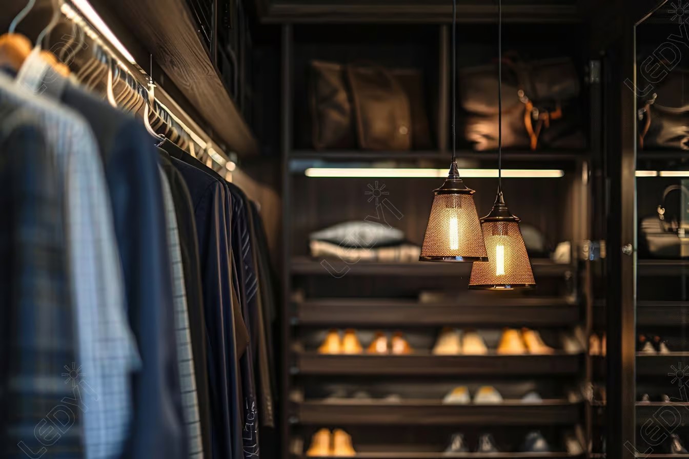 Organized closet with hanging clothes and shelf storage.