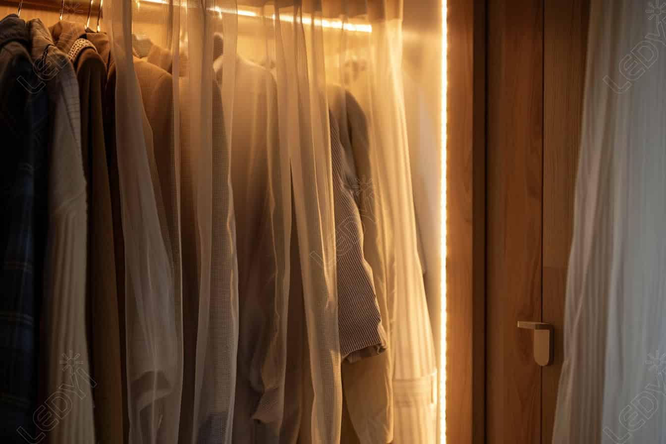 Lit closet with hanging clothes behind a sheer curtain.