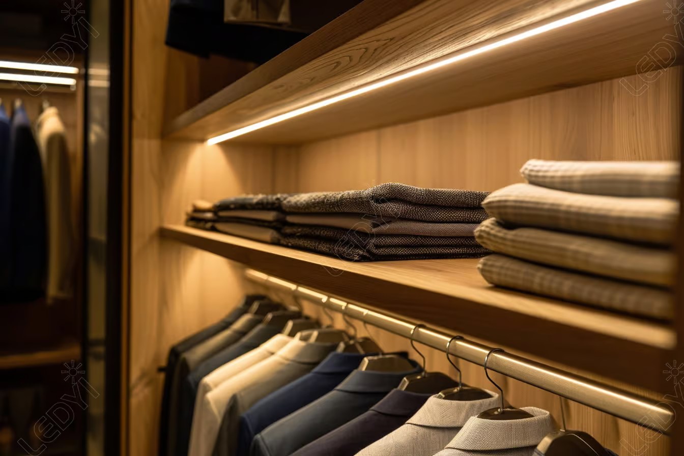 Organized closet with folded clothes and hanging shirts.