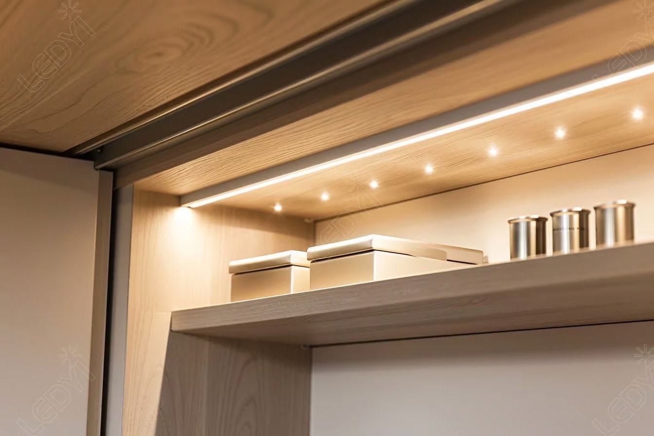 Modern kitchen cabinet with LED lighting and storage containers.