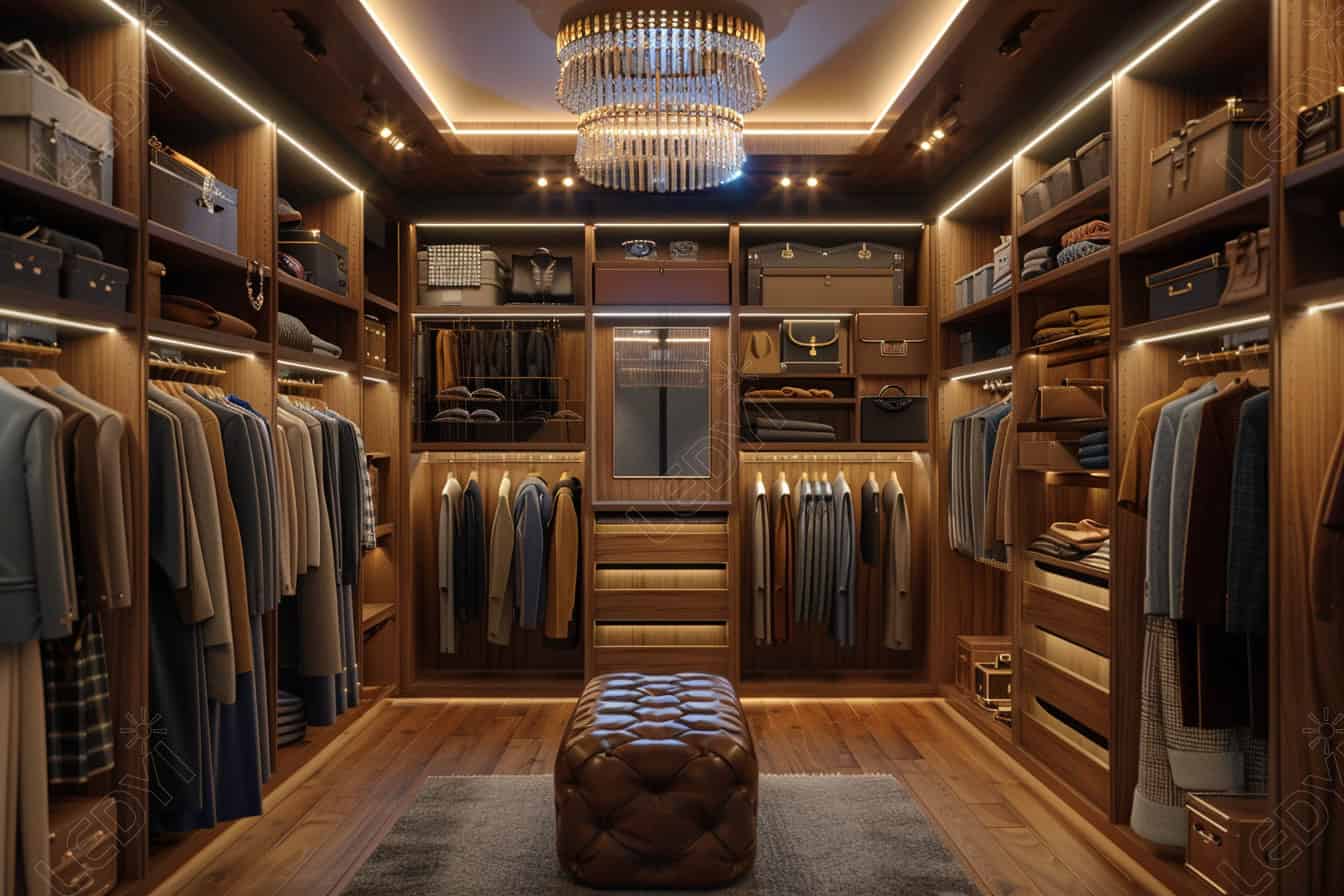 Luxurious walk-in closet with chandelier and organized shelves.