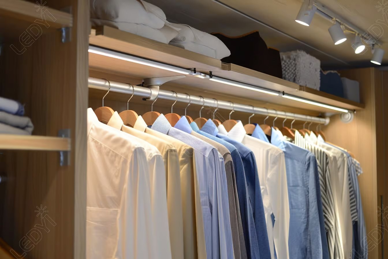 Neatly organized shirts hanging in a wooden closet.