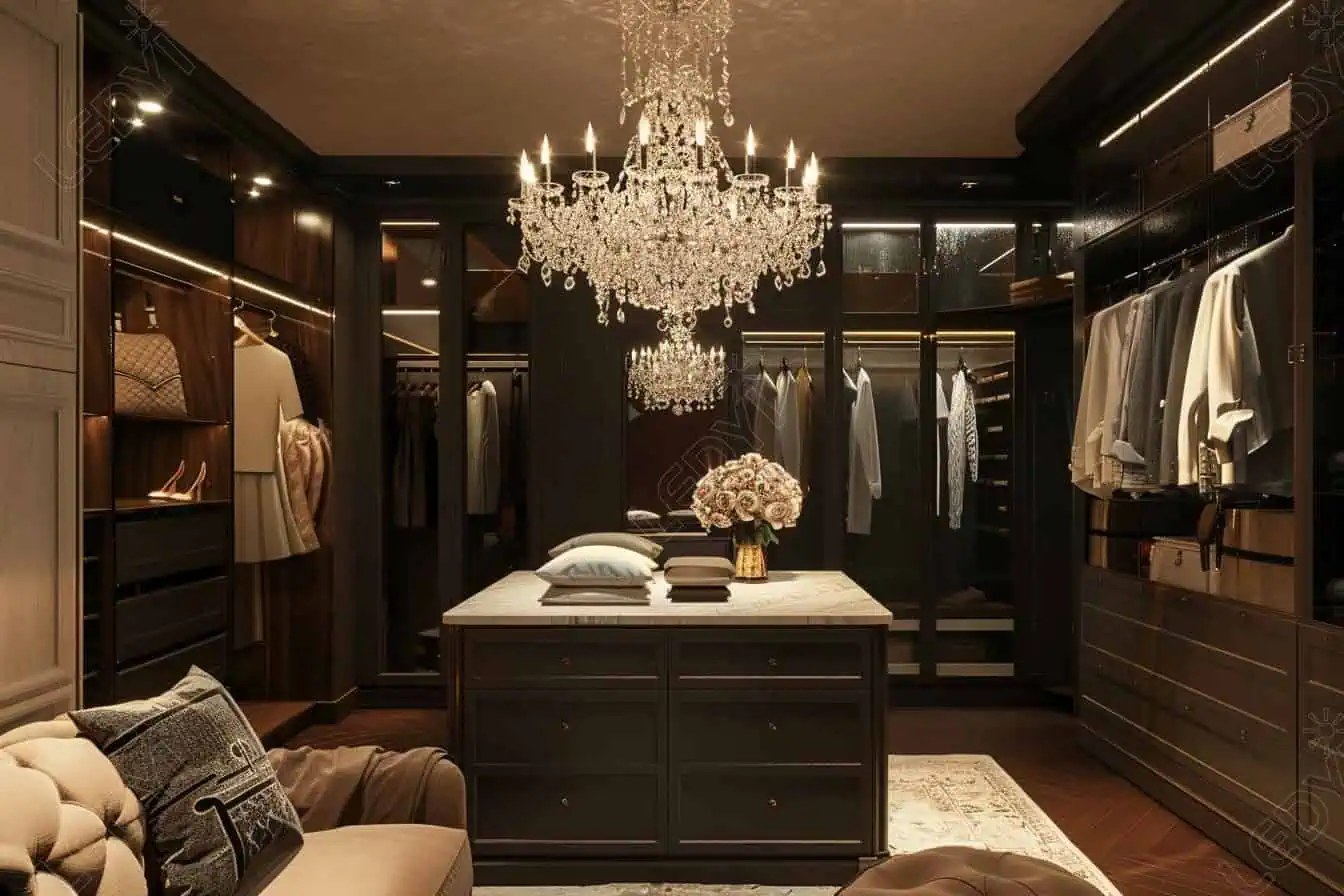 Elegant walk-in closet with chandelier and island.