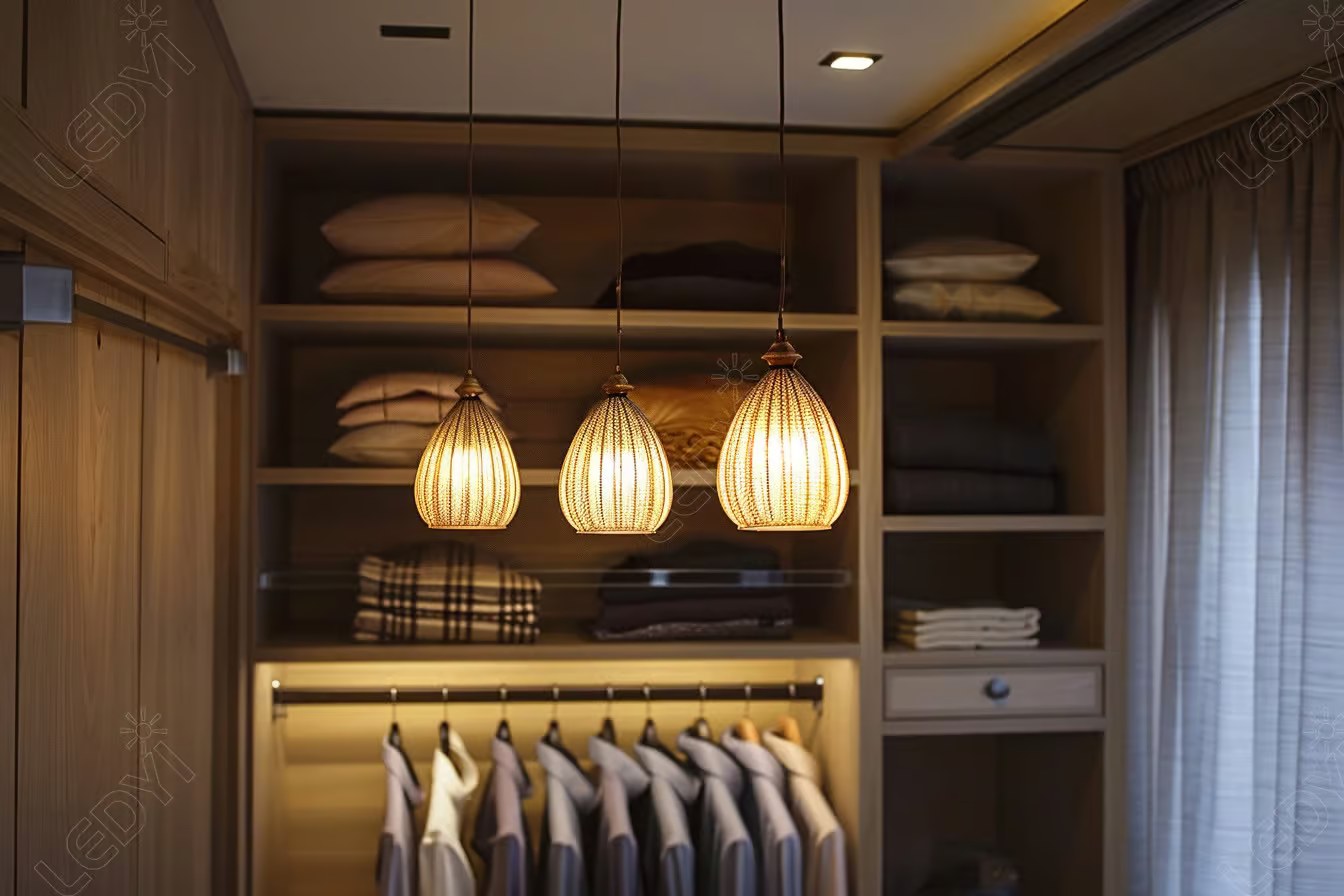 Modern walk-in closet with hanging pendant lights.