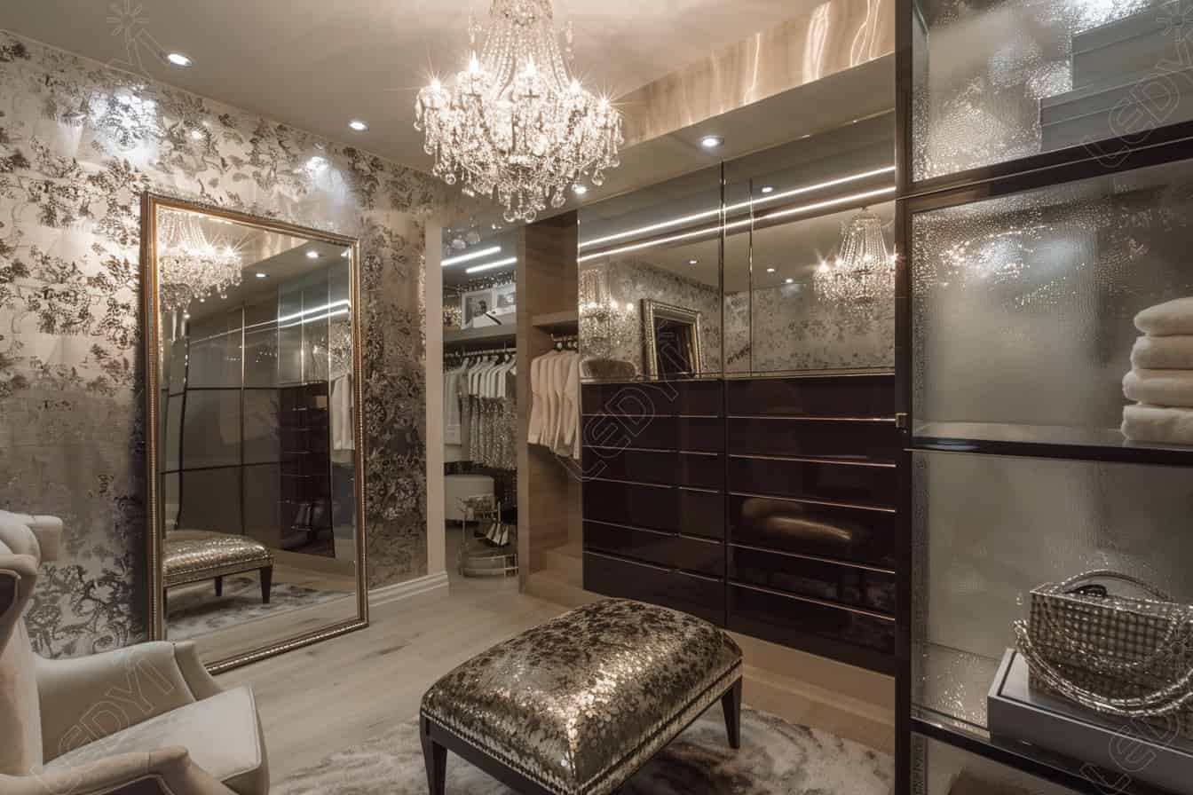 Luxurious walk-in closet with chandelier and large mirror.