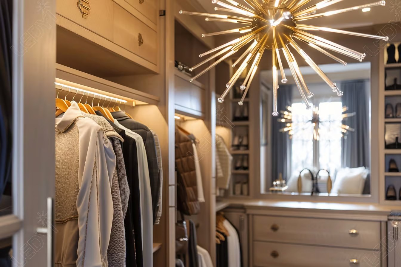 Modern walk-in closet with stylish lighting.