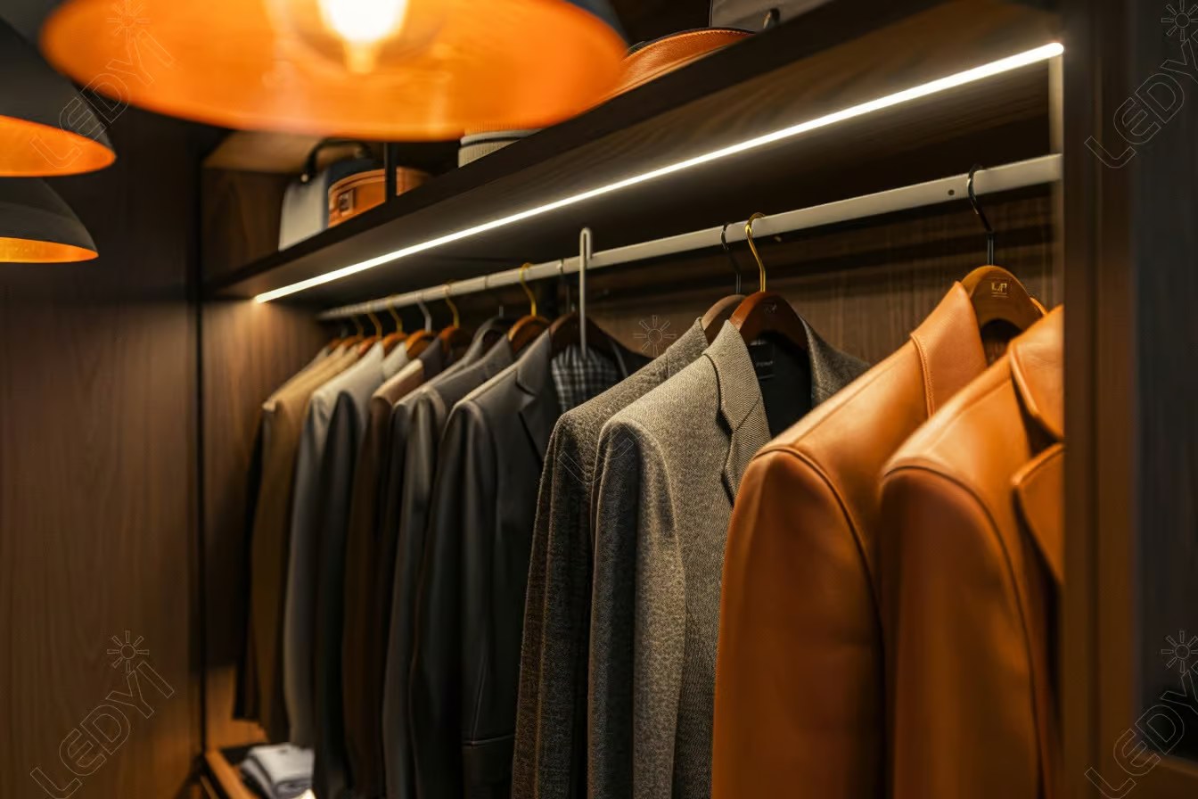 Closet with neatly arranged suits and coats.