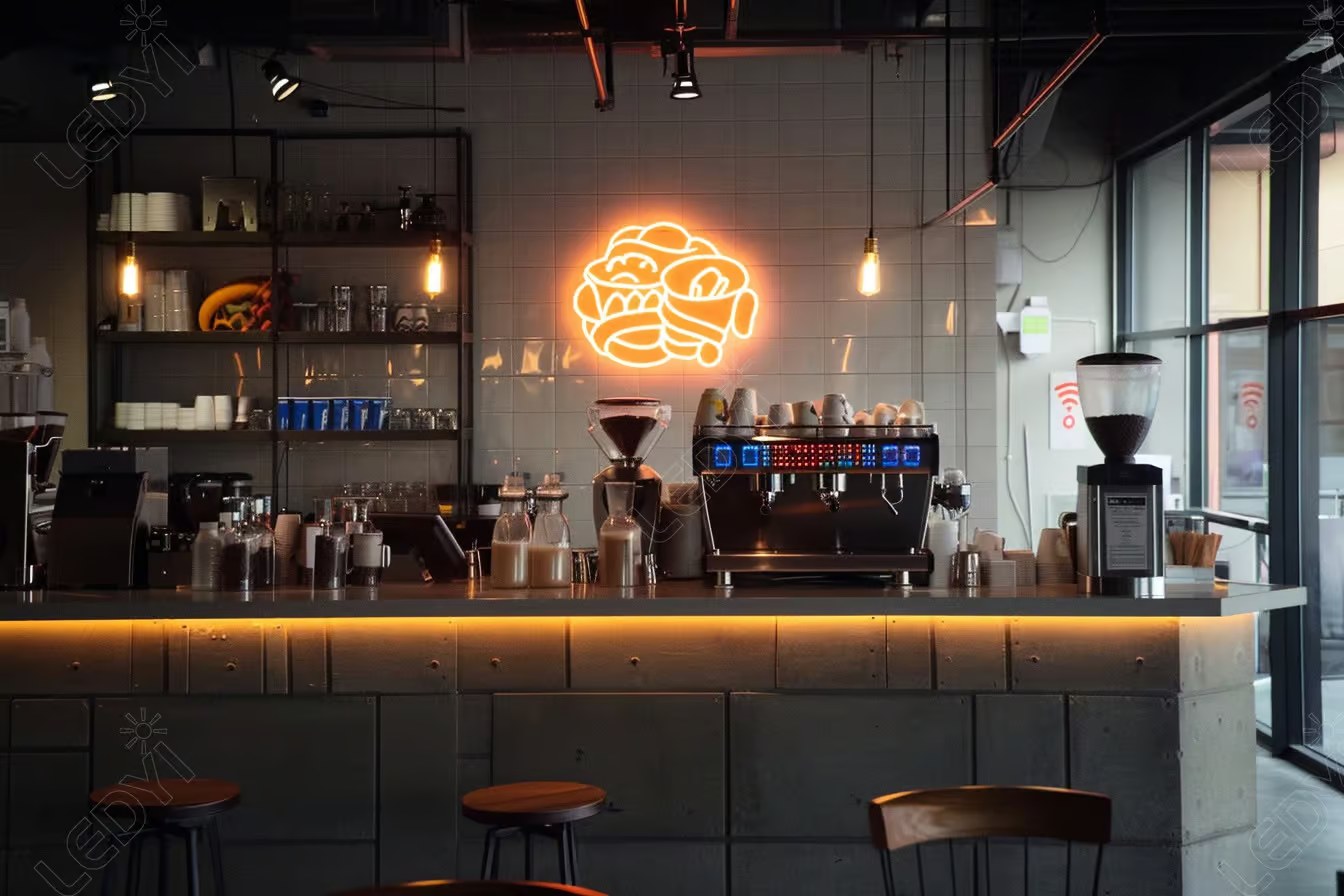 Cozy coffee shop interior with neon sign and espresso machine.