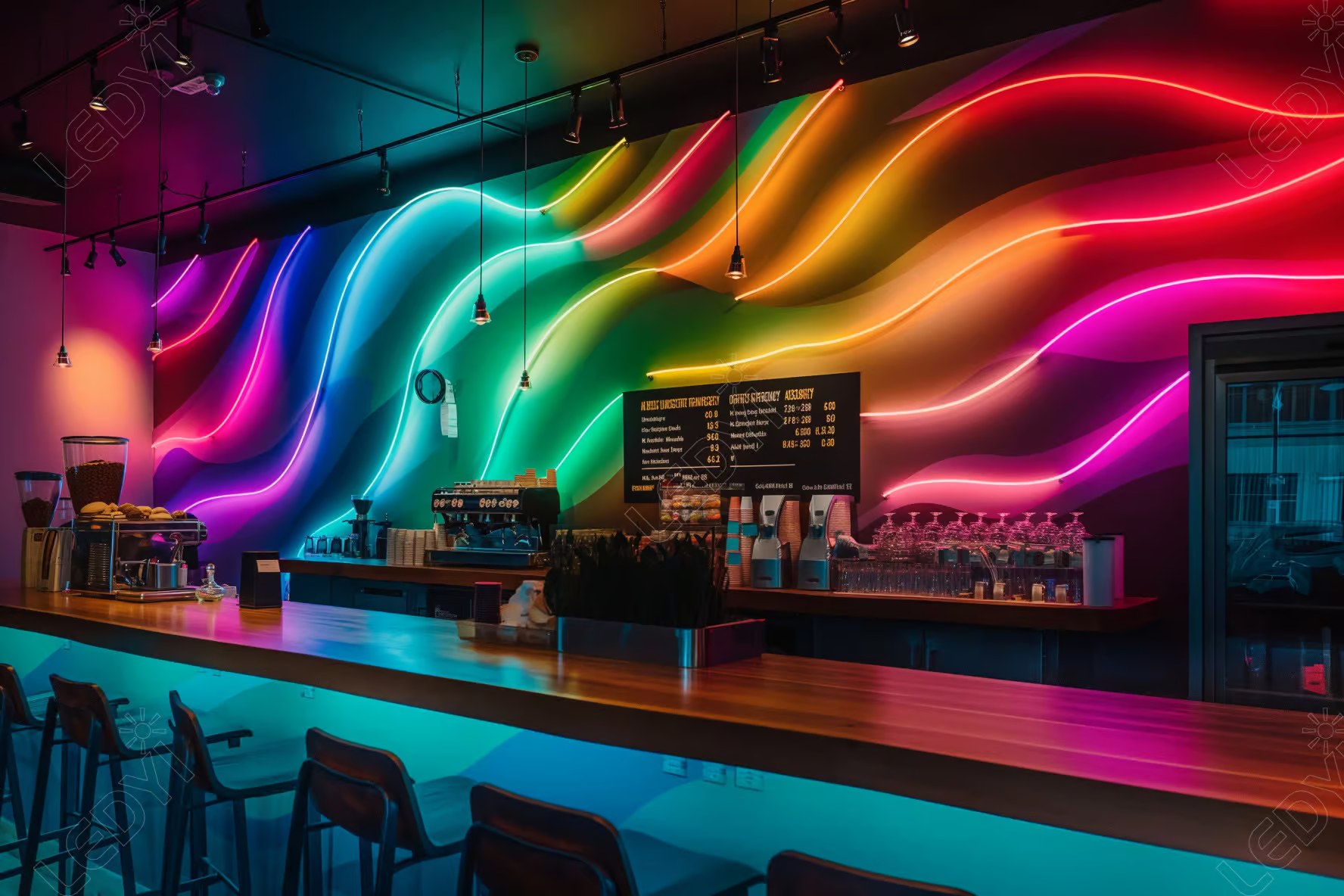Modern café interior with colorful LED light wall.