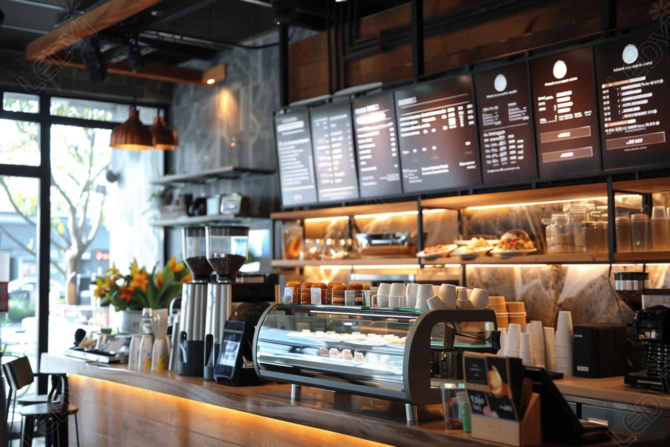 Modern coffee shop with menu boards and pastries displayed.