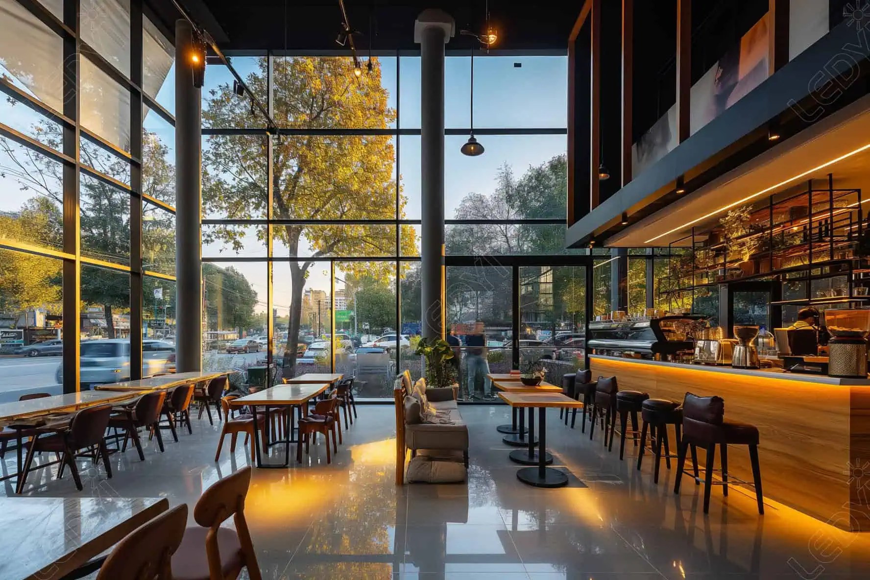 Modern coffee shop with large windows and stylish seating.