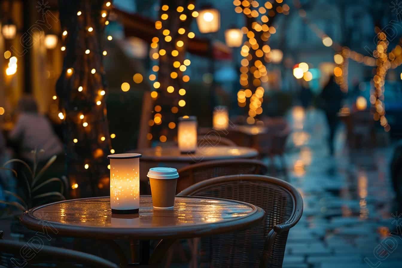 Nighttime outdoor cafe with string lights and lanterns.