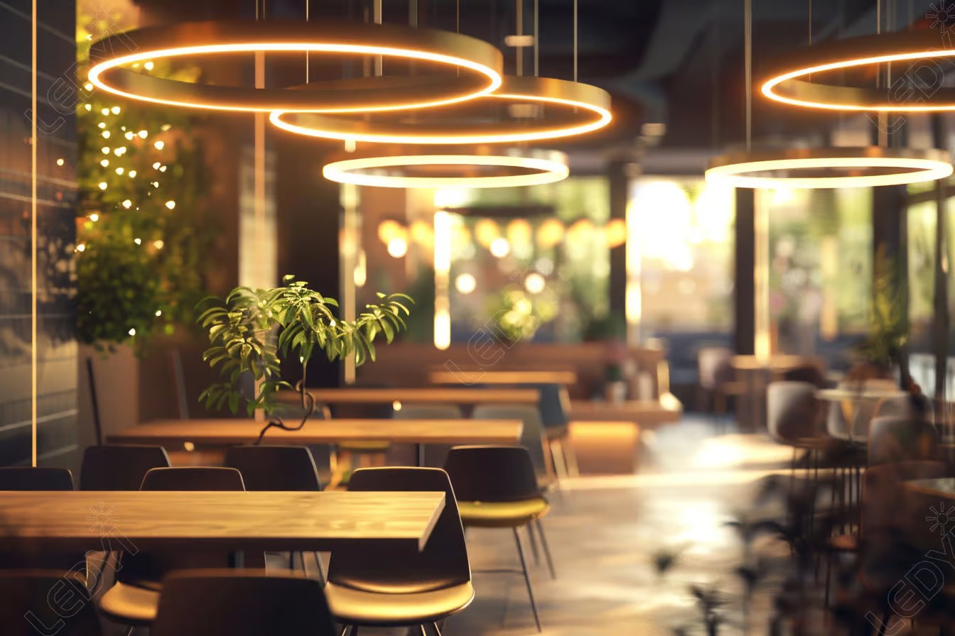 Modern cafe interior with hanging ring lights.