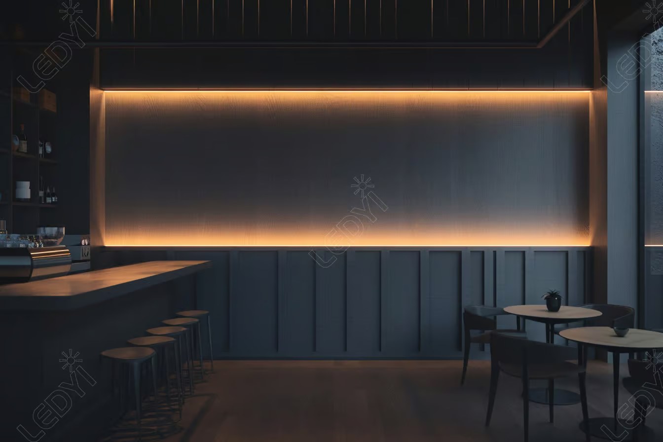 Modern cafe with minimalistic decor and warm lighting.