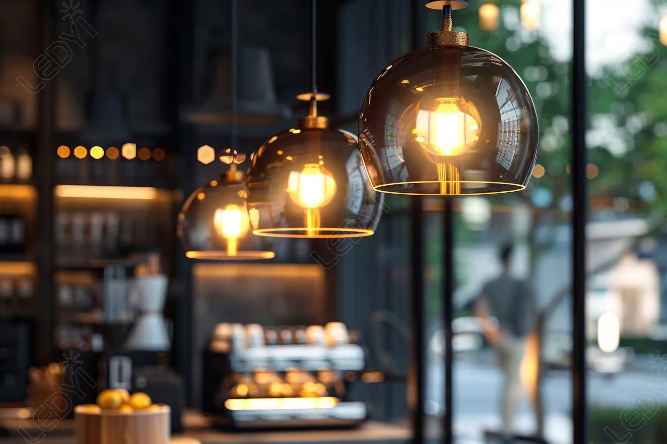 Modern cafe with hanging pendant lights.