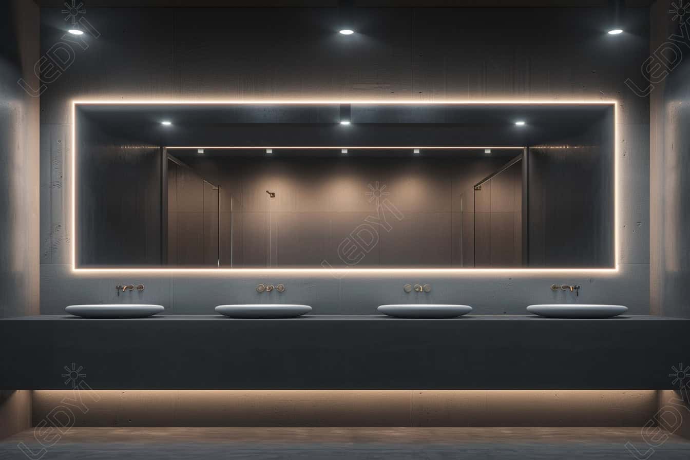 Modern bathroom with LED-lit mirror and sleek sinks.