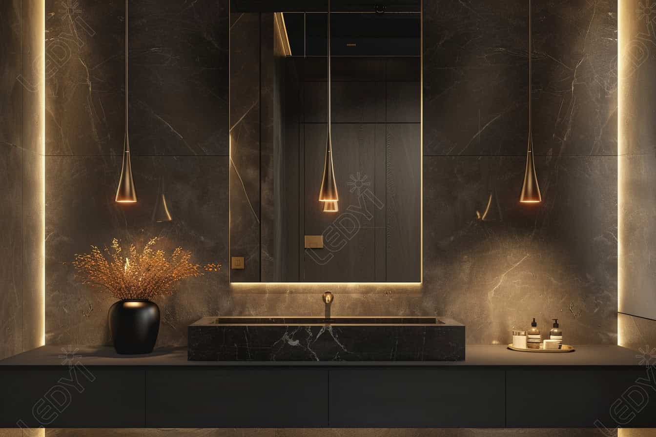 Modern bathroom with elegant lighting and dark marble finishes.