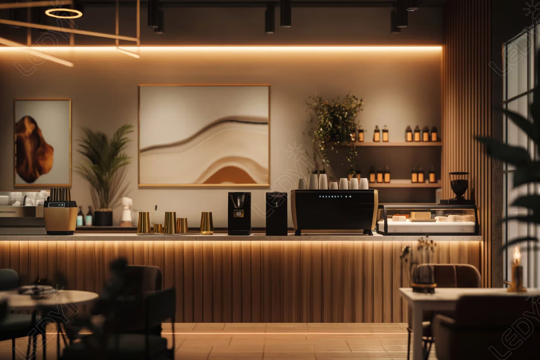 Modern coffee shop interior with warm lighting and decor.