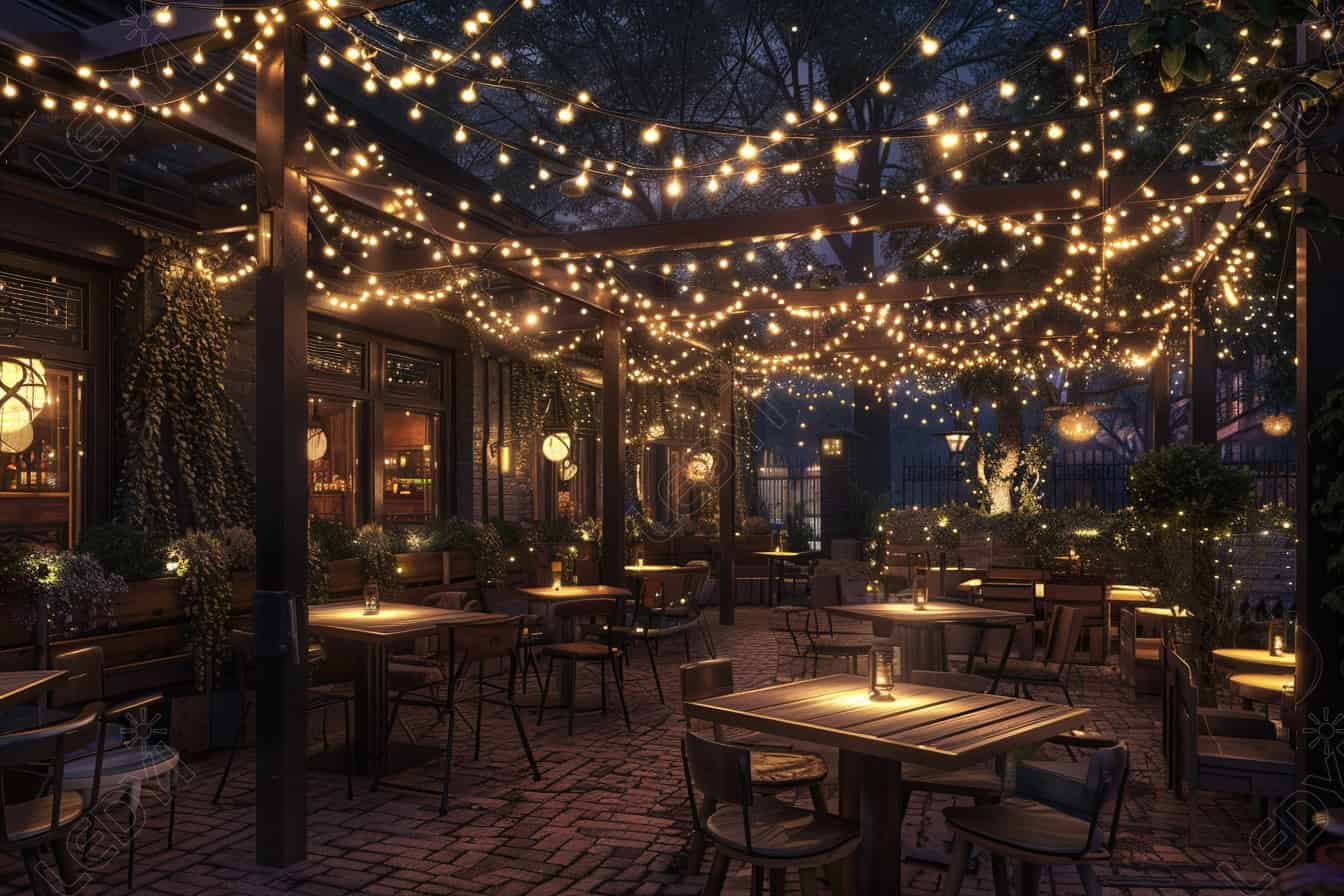 Cozy outdoor patio with string lights at night.