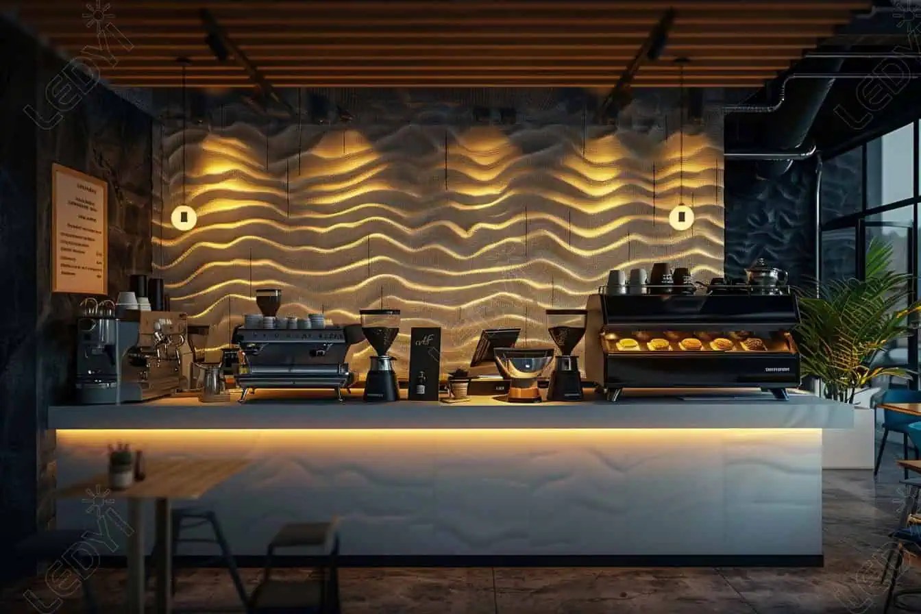 Modern coffee shop interior with illuminated wave-textured wall.