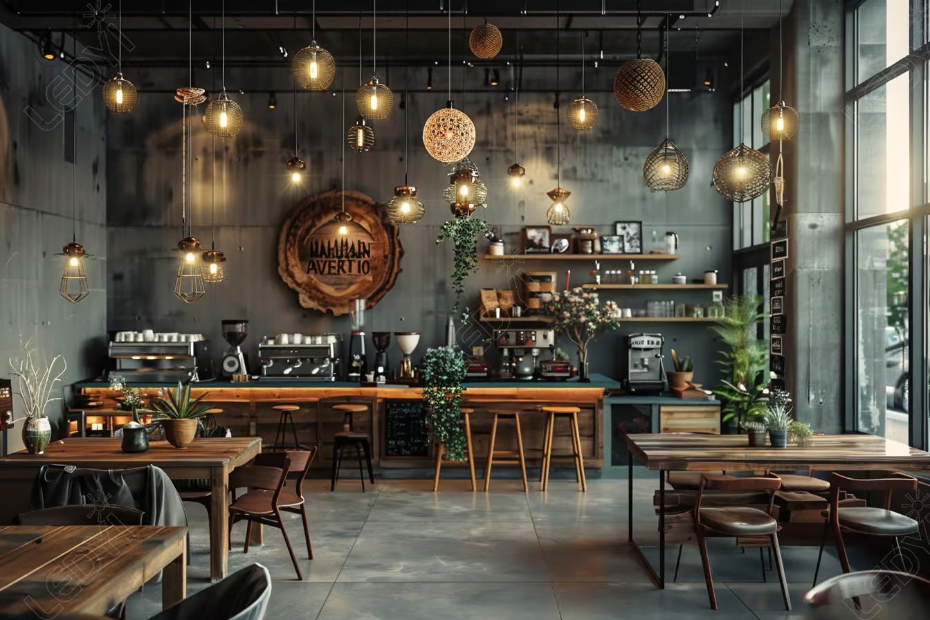 Cozy coffee shop interior with modern decor and lighting.