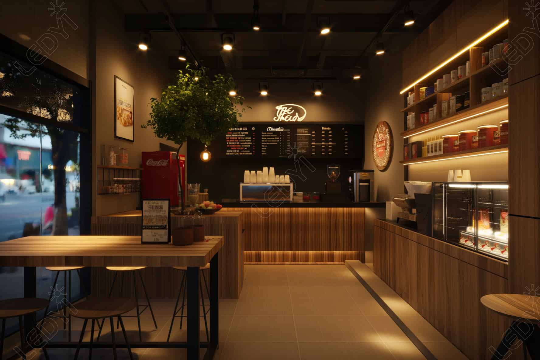 Cozy modern coffee shop interior with menu and seating.