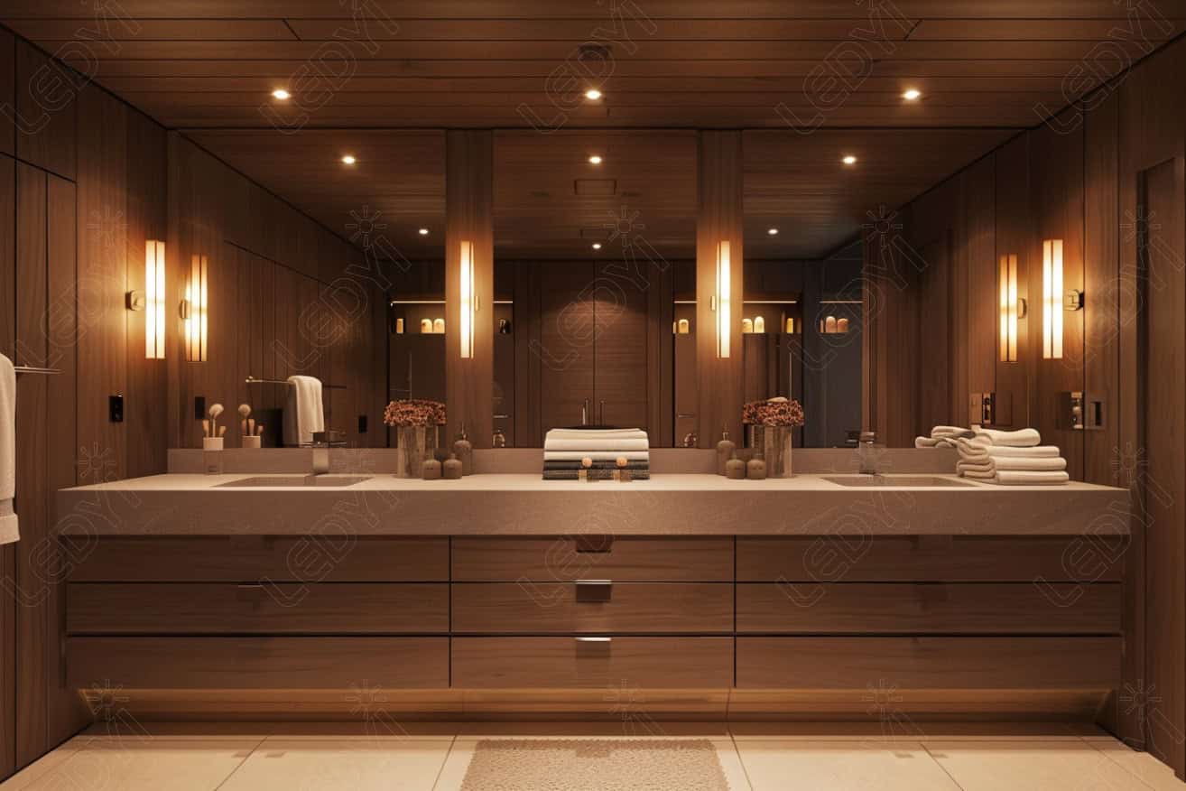 Modern bathroom with double sinks and wooden cabinetry.
