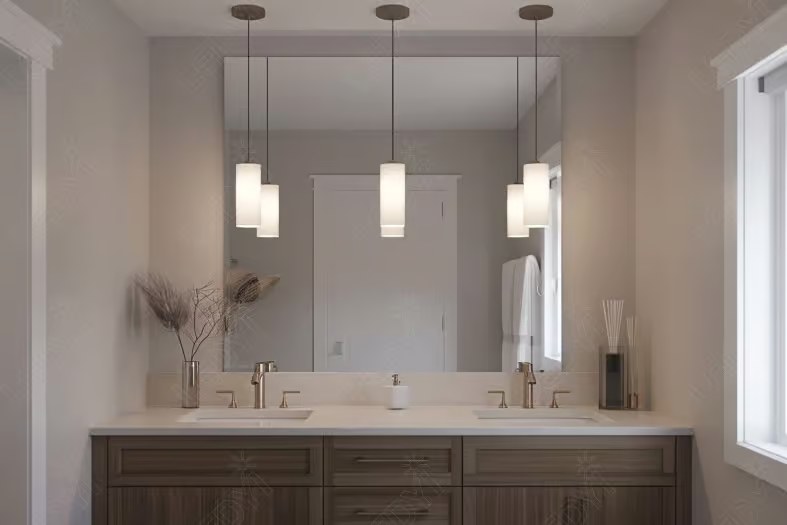 Modern bathroom with double sink and pendant lighting.