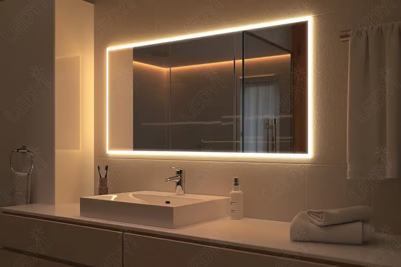 Modern bathroom with illuminated mirror and minimalistic design.