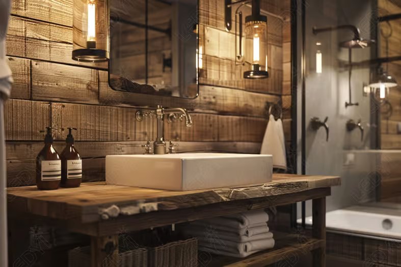 Rustic bathroom with wooden walls and modern fixtures.