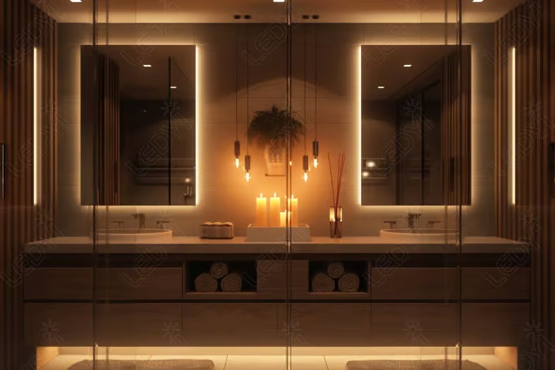 Modern bathroom with ambient lighting and double sinks.