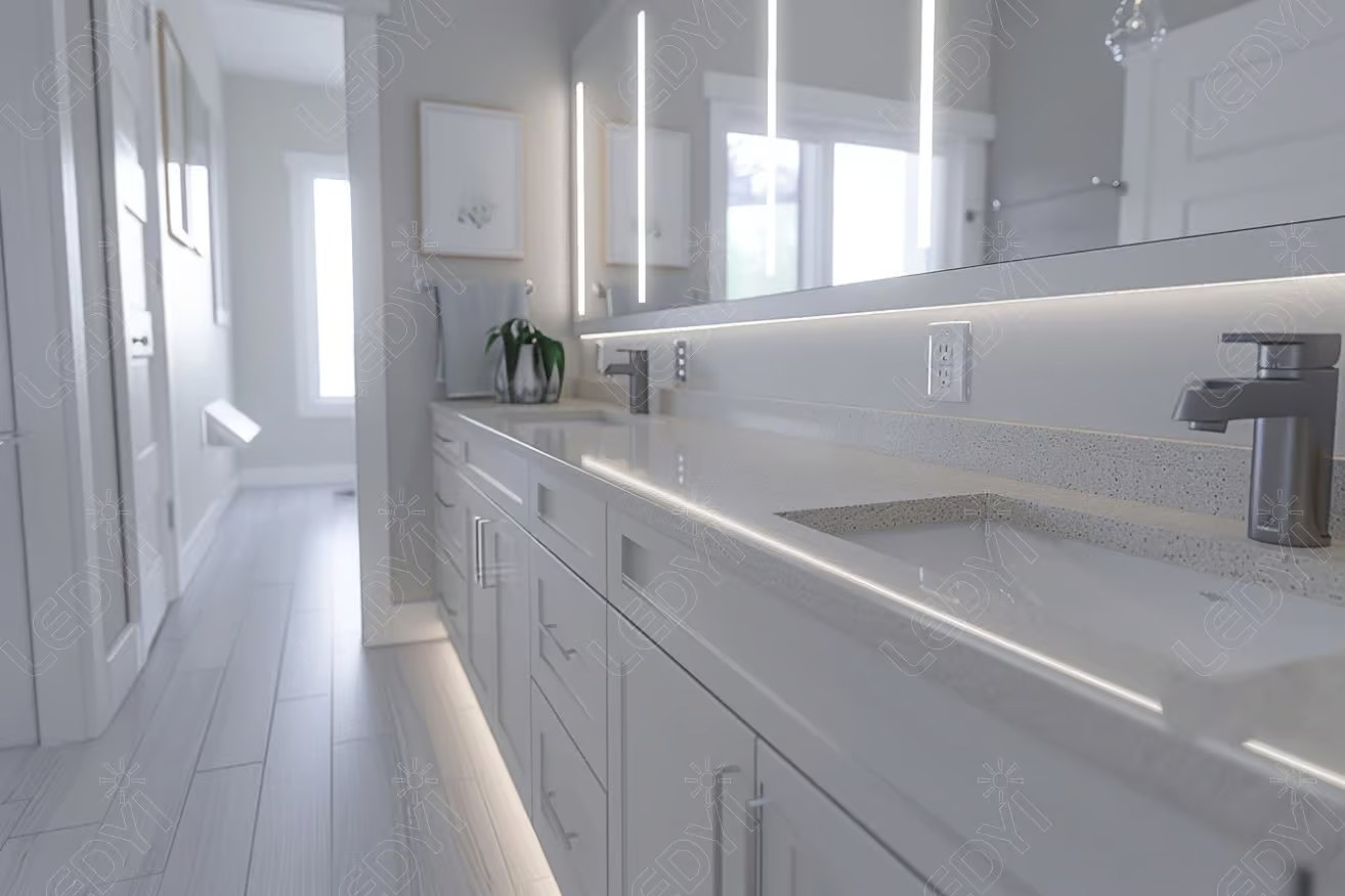 Modern bathroom with sleek white cabinets and LED mirrors.