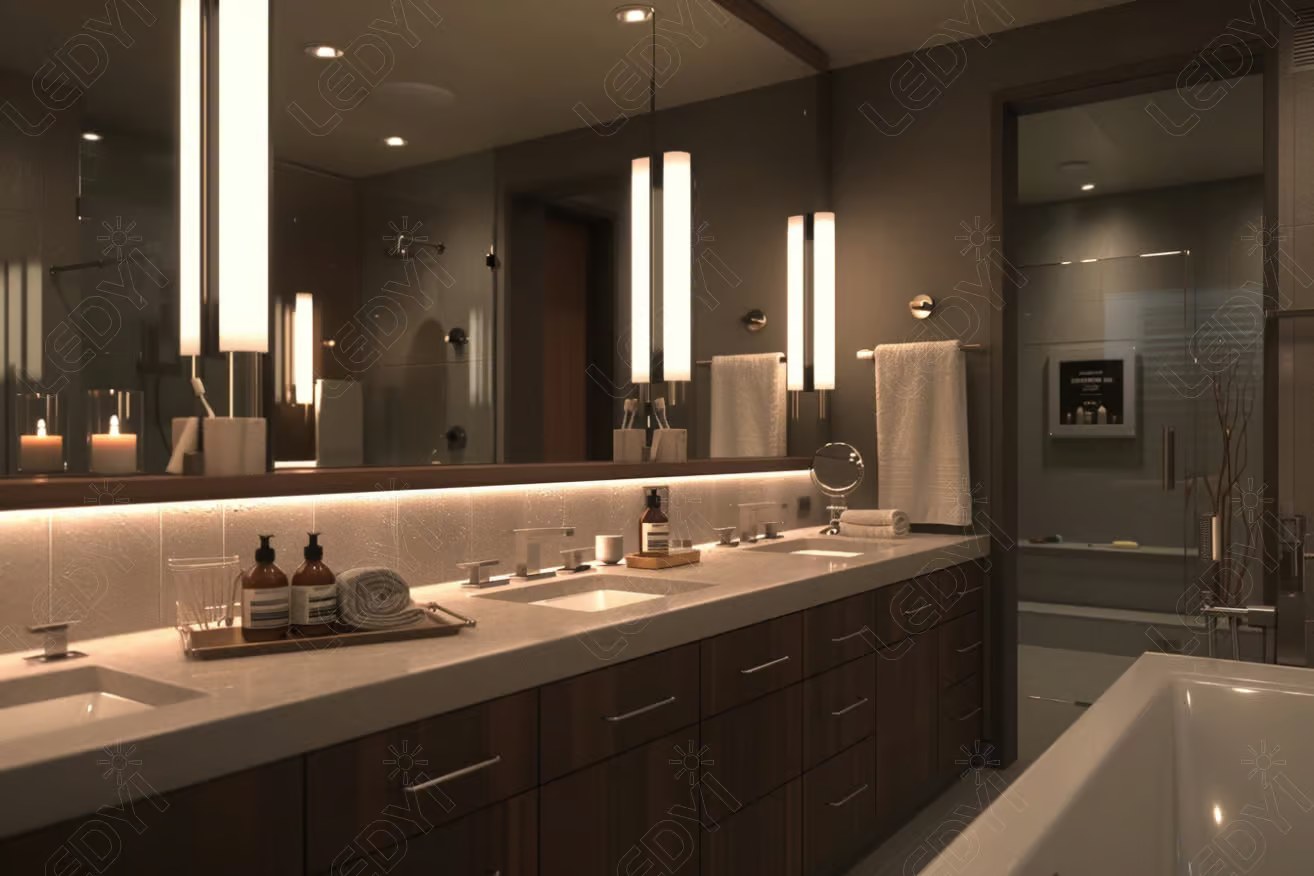 Modern bathroom with double sinks, mirrors, and ambient lighting.