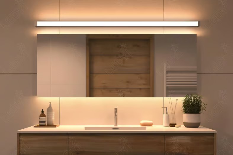 Modern bathroom vanity with ambient lighting.