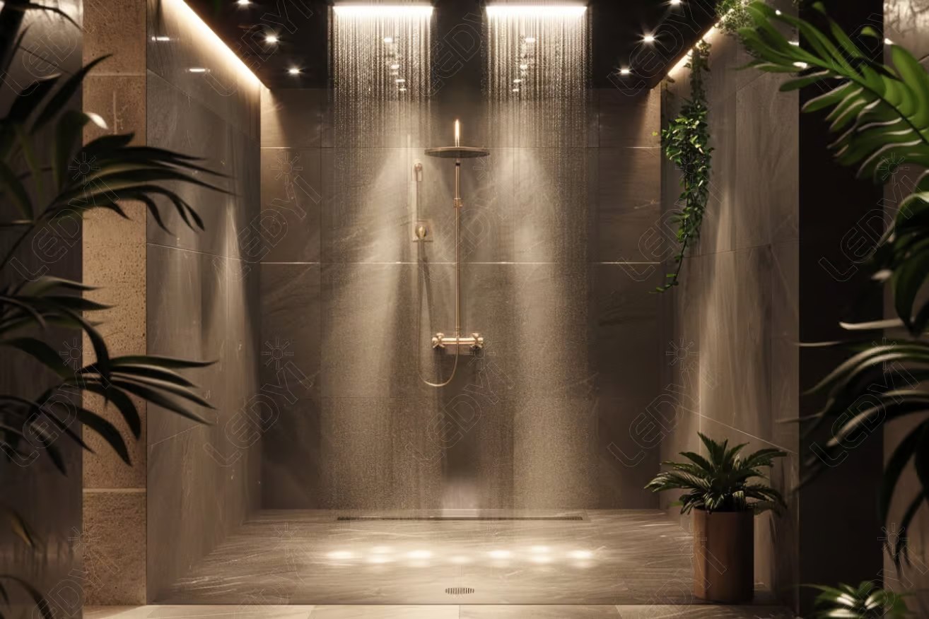 Luxurious spa shower with golden fixtures and tropical plants.