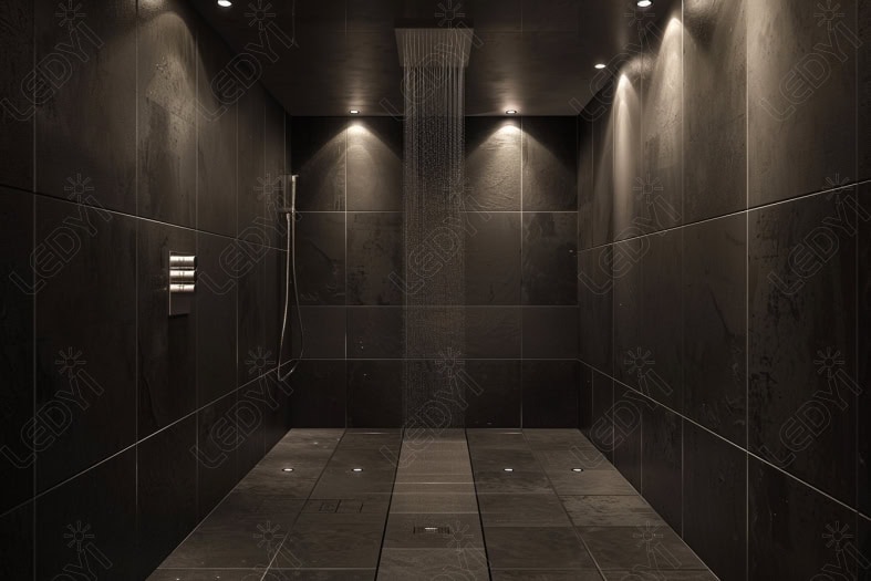 Modern black-tiled shower with overhead rain showerhead.
