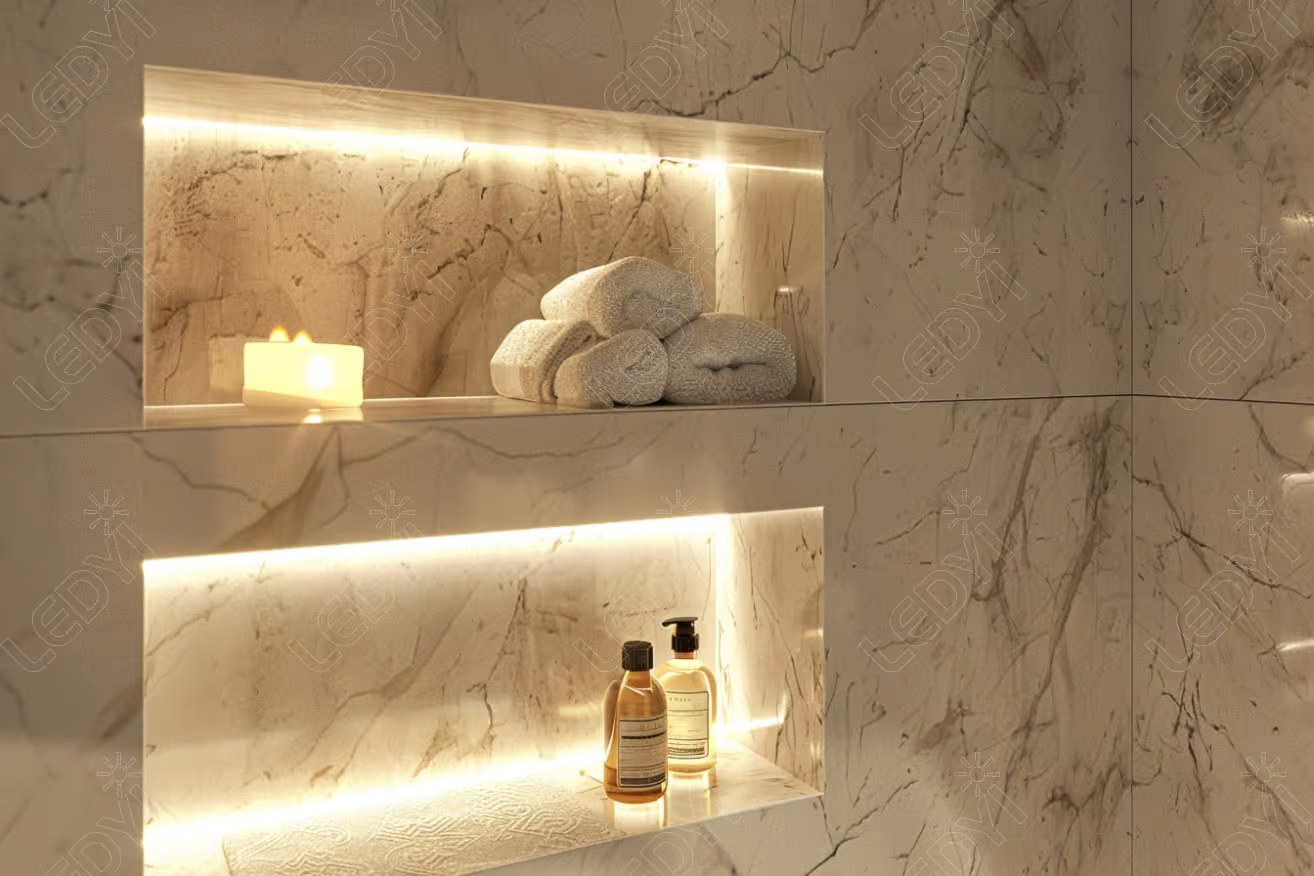 Illuminated marble shelves with towels, candle, and toiletries.