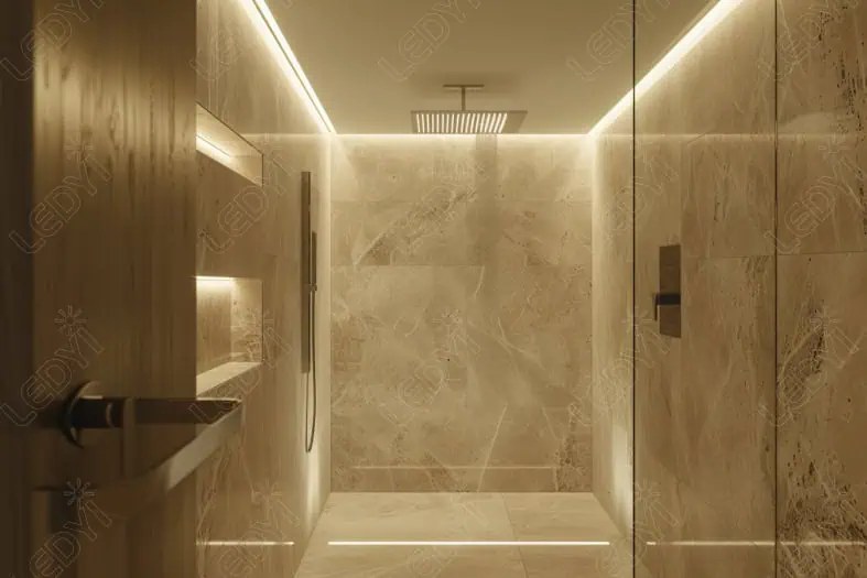 Modern shower with LED lighting and stone tiles.