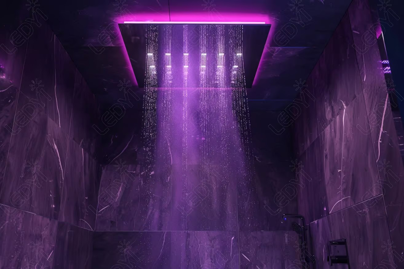 Luxurious purple-lit shower with LED lights.