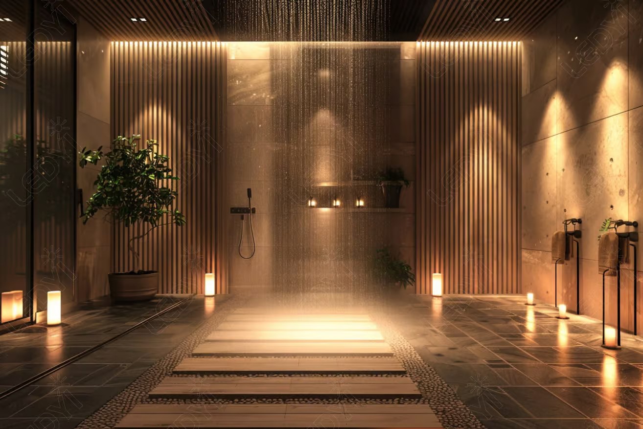 Luxurious spa shower room with plants and ambient lighting.