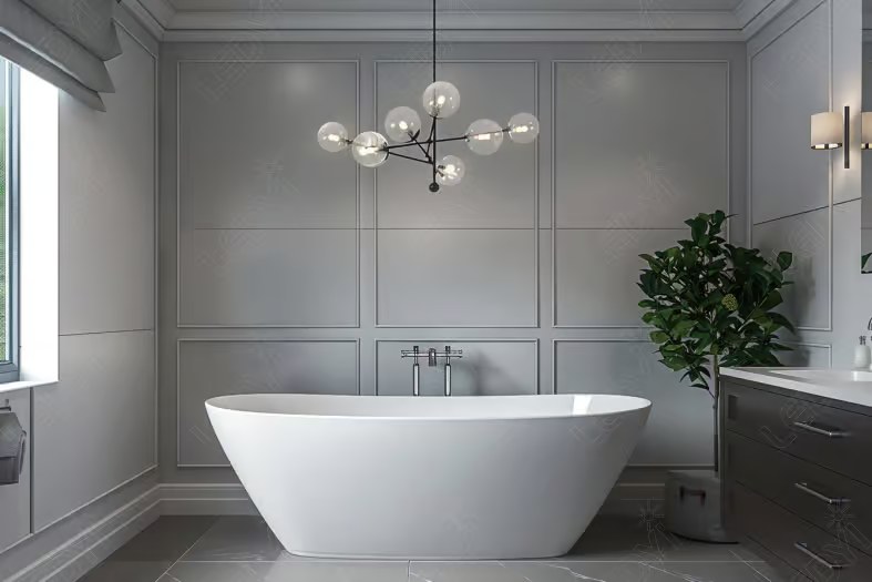 Modern bathroom with freestanding tub and contemporary lighting.