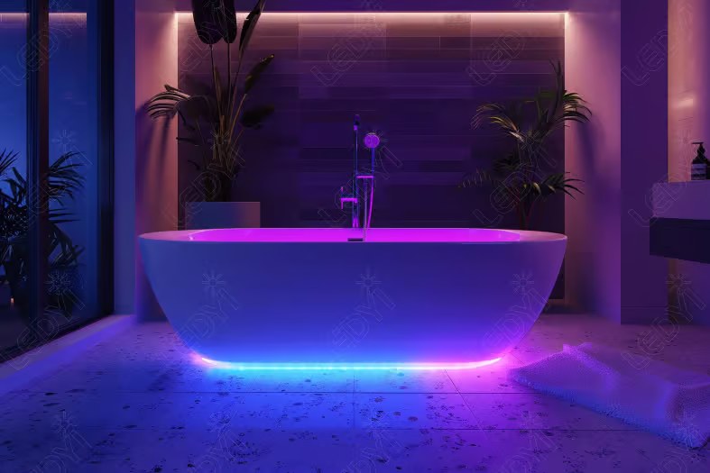 Modern bathtub with colorful LED lighting in luxury bathroom.