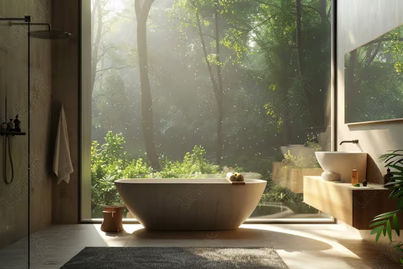 Luxurious bathroom with a forest view.