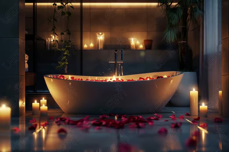 Luxurious bath with roses and candles for relaxation.